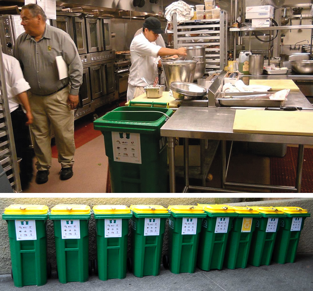 The Lodge at Torrey Pines, as well as other hotels in the program, has been recognized under the City’s Annual Waste Reduction and Recycling Awards Program. Placement of the organics cart in the kitchen (above), as well as filled carts lined up for collection, are shown.