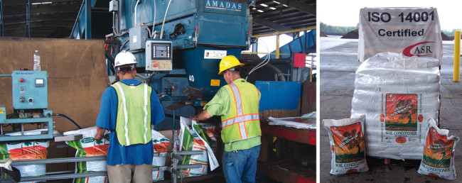 Bagging is done on-site using two Amadas electric bagging lines complete with palletizers (left). Leafgro® is sold in 1.5 cubic foot bags (right), as well as in bulk.