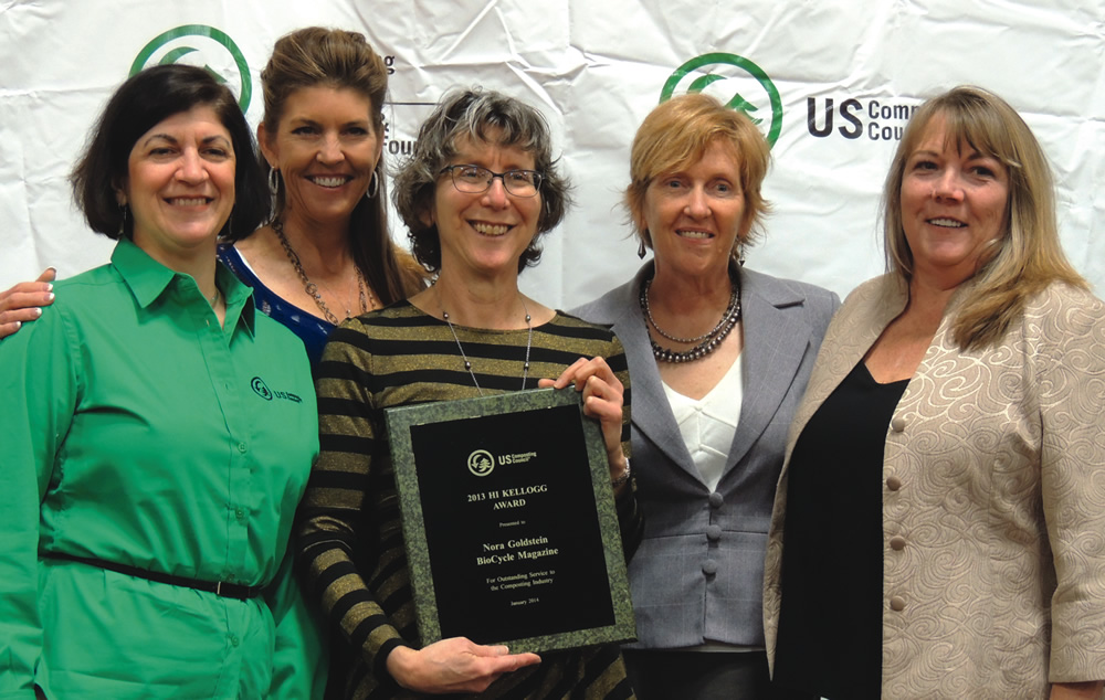 (Left to right) Lori Scozzafava (Executive Director of the US Composting Council (USCC)), Kathy Kellogg Johnson (Kellogg Garden Products), Nora Goldstein (Editor of BioCycle), Michele Young (City of San Jose), Lorrie Loder (President of the USCC)
