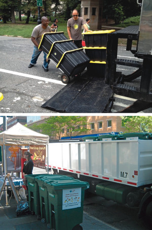 Both GrowNYC’s Office of Recycling, Outreach and Education (OROE) and DSNY transport food scraps dropped off at the Greenmarkets. OROE utilizes 27-gallon rectangular tubs and a box truck (top). DSNY uses 64-gallon Toters and a flat bed truck (bottom).
