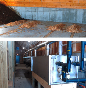 Aeration lines in the composting pad (above) are covered by wooden plates (with holes drilled in) and wood chips prior to loading feedstocks for composting. Each line extends into the mechanical room, which houses the compost heat recovery unit (left) supplied by Agrilab Technologies.