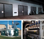 Approximate 150 to 200 tons/week of organic materials are processed in the fermenters (top) at the UW-Oshkosh dry AD facility. Biogas is fed into a 2G Cenergy combined heat and power unit (bottom).