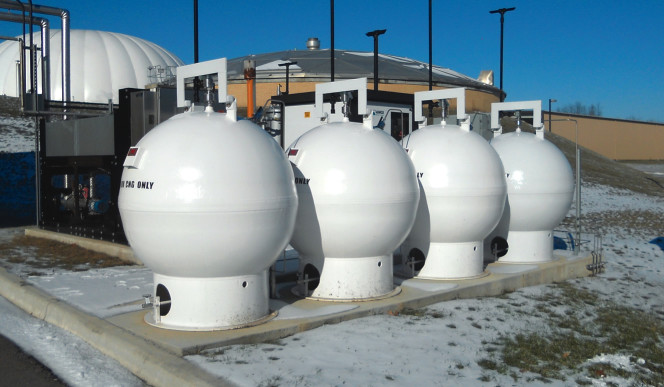 Conditioned and compressed renewable natural gas is stored (above) for use as a fuel for city-owned pickup trucks in Janesville, Wisconsin. 