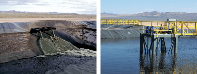 Liquid effluent is pumped from finishing barns to a one million gallon influent basin (above left). Submersible pumps transfer the liquid via a series of pump lift stations (above right) to the covered digesters.