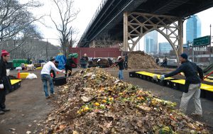Volunteers participate in a windrow-build that incorporates residential food scraps from the Greenmarkets, which are transported to the composting site in 27-gallon rectangular tubs (on right).