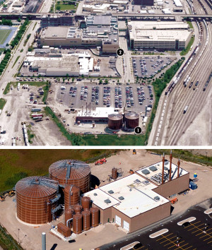 The anaerobic digestion facility (#1 and bottom photo) has two 1.3 million gallon reactors, sized for 30-day hydraulic retention. It is located on a former brownfield on the western edge of the Potawatomi Bingo Casino’s property (see casino #2). Downtown Milwaukee is close by, just north of the property (not shown in photo). 
