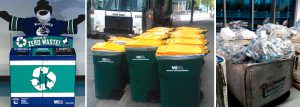 Rogers Arena, home of the Vancouver (British Columbia) Canucks professional hockey team, launched its zero waste program in late 2012. The program includes 3-stream sorting stations (left), toters for organics collection (middle) and sorted recyclables (right).