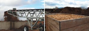 A conveyor belt (left) was installed to transfer dewatered biosolids directly from the treatment plant to the adjacent composting site — which was required to install a biofilter system (right).