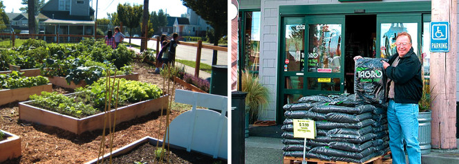 A garden at the Central Plant, amended with TAGRO, assists with customer education and produces award-winning vegetables (left). Bagged potting soil is available both at the plant and local retail outlets (right).