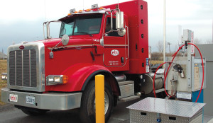 Compressed natural gas produced by EBI Énergie from landfill biogas helps fuel the waste collection trucks operated by a sister company. The RNG is supplemented with fossil natural gas.