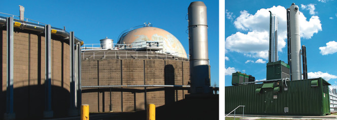 The City of Hamilton, Ontario produces biogas at its Woodward Avenue wastewater treatment plant (left). The biogas is upgraded to RNG standards in a water scrubber system (right) supplied by Greenlane Biogas. Photos by Peter Bromley, City of Hamilton