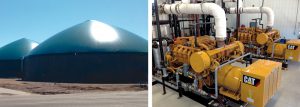 The Homestead Green Energy anaerobic digestion facility (left) in Plymouth, Indiana processes manure from 1,800 milking cows, along with fats, oils and grease. Power generated by two 600 kW CAT engines (right) is sold under a 15-year power purchase agreement.