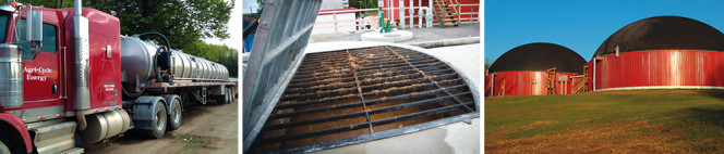 Biogas Energy Partners in Exeter, Maine recently formed an organics collection company that services food processors and commercial food waste generators. Its fleet includes vacuum tanker trucks (left). Incoming food waste is emptied into heated tanks (middle), and then fed with manure into anaerobic digesters at the Exeter Agri-Energy facility (right).