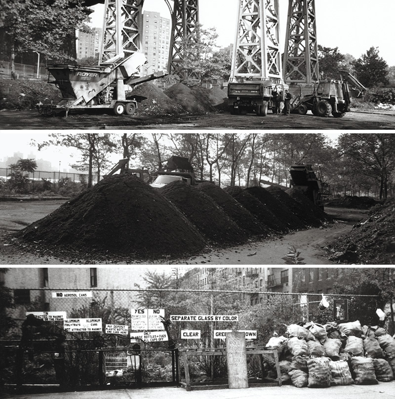 Lower East Side Ecology Center’s original composting site at East River Park in 1998 (top and middle) and its largest recycling drop-off location at 6th Street and Avenue B (bottom).