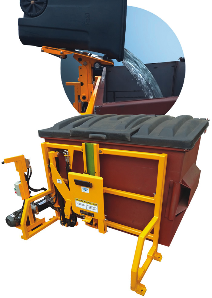 Perkins’ Food Waste Lifter slides the cart straight up over the loading edge of the container. This keeps the tilting pivot close to the cart’s center of gravity, creating a constricted rotating arc and avoiding spillage.