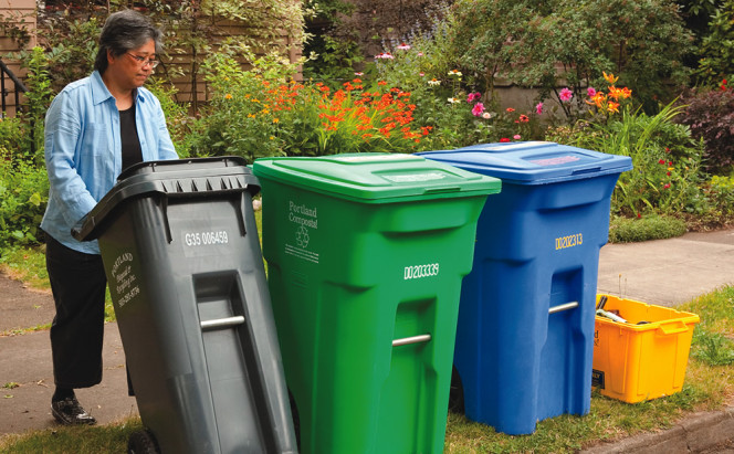 The most common trash cart size for residents participating in the food scraps program is 35 gallons (grey cart on left). 