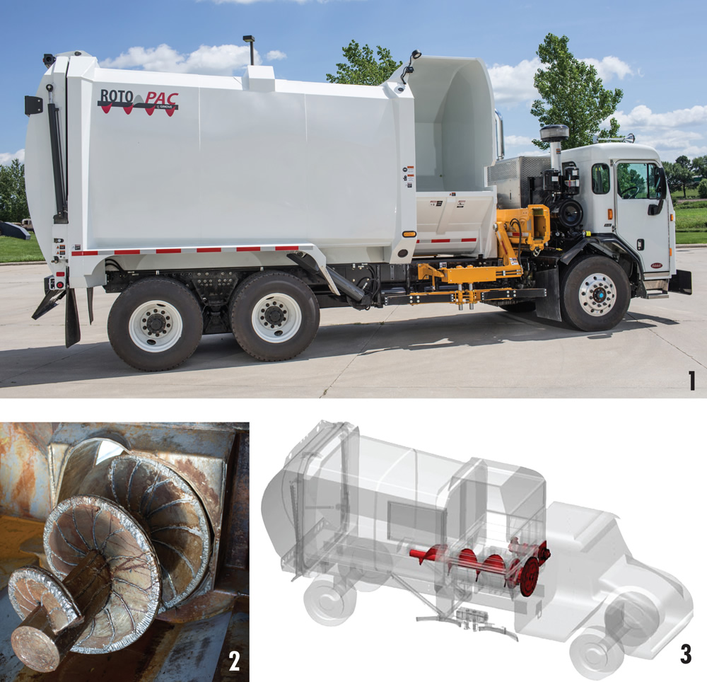 New Way’s new Rotopac (1) is a fully automated side-loading organics collection truck that can be double-purposed for curbside trash collection. It features a 4 cy hopper equipped with an auger (2) that feeds material into the truck body (3) at a rate of 7 cy/minute.