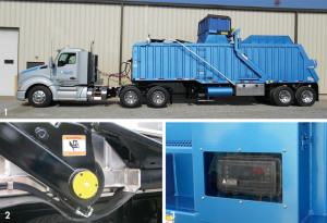 Organix Recycling, LLC, which operates in 29 states, primarily uses trailers (1) supplied by Brown Industrial to service 3 cy food waste containers. A new feature on Brown’s aluminum trailers is a bolt-on arm (2) that is more suited to lifting heavy containers. Customers are also requesting installation of Vulcan scales (3).
