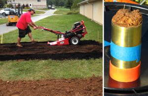 Demo plots have been installed on the Turf Valley Country Club grounds (adjacent to Conference hotel) to compare standard treatment for turf establishment to “suburban subsoiling” via decompaction and compost amendment. Inset image features core sample of soil prior to treatment.