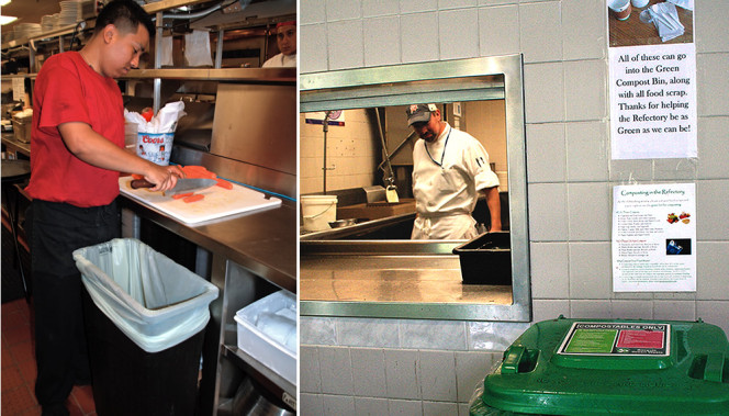 Kitchen scraps collection at Kings Bowl (left). Signage on acceptable materials and organics diversion program at the Refectory at Lutheran School of Theology (right). 