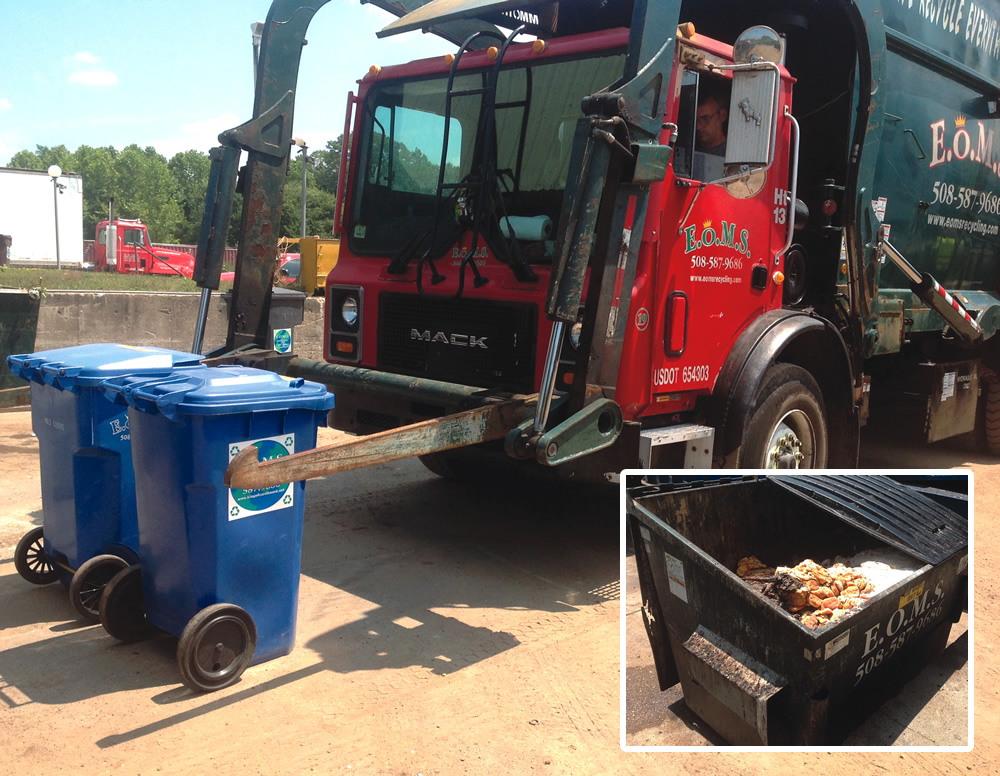 E.O.M.S. has over 300 food waste collection accounts. Customers use 64-gallon carts and/or 2- and 4-cubic yard containers (inset).