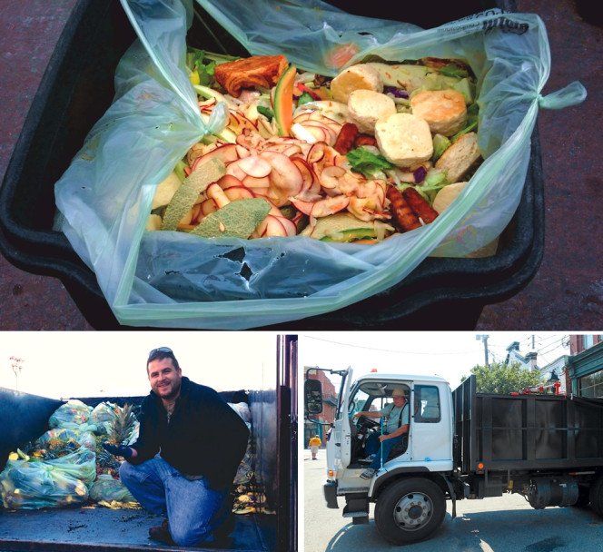 Natural Organic Process Enterprises places compostable liners in the 48-gallon totes (top). Modified dump bed trucks with a heavy-duty vinyl liner in the beds (with Marshall Hall, left) are used to collect food waste (Chip Hall at wheel, right). 