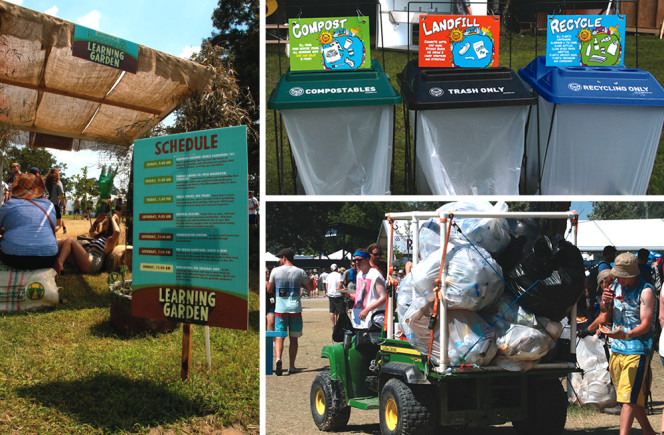 The Learning Garden (left) teaches festival attendees about composting and compost use, and organic food production. Bonnaroo began source separation of organics the first year the festival was held in 2002, and has continued it ever since (sorting station, top). Organics are collected in compostable bags and transported bottom) to the on-site composting operation.
