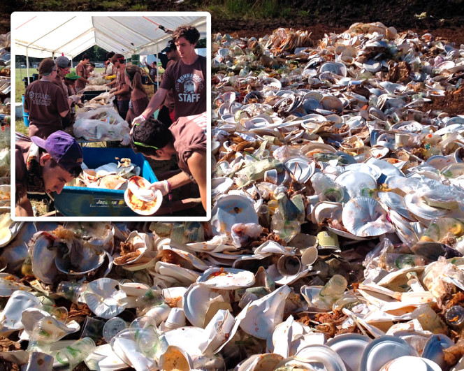 Volunteers manually sift through each waste stream at a rudimentary sorting station to remove cross-contamination (inset). Compostable plates, cups and utensils are used at Bonnaroo (shown at composting farm). Vendors are provided purchasing guidelines set forth by the festival.
