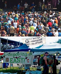 Compost education booth (bottom) staffed by Master Composters, teaches festival goers (top) about home and large-scale composting, as well as offers compost-themed lawn games.
