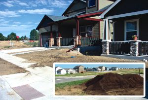 Fort Collins, Colorado adopted a land use code in 1998 requiring use of compost at new building and development sites, and expanded the rule to the municipal code in 2003. Use of compost (inset) is illustrated at a new construction site (below) in the city. 