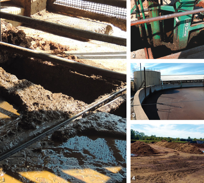 BARC’s dairy research unit includes 110 milk cows. A scraper system removes manure from the barn (1), which is then pumped (2) to a separator. Liquids are anaerobically digested (3) and manure solids are composted nearby (4).