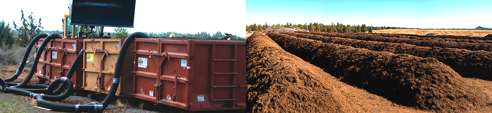 Ground green waste is mixed with food waste and loaded into 30 cubic yard modified drop boxes where aeration piping is laid in the bottom (left). After 30 days in the container, material is moved into the windrow composting process (right).
