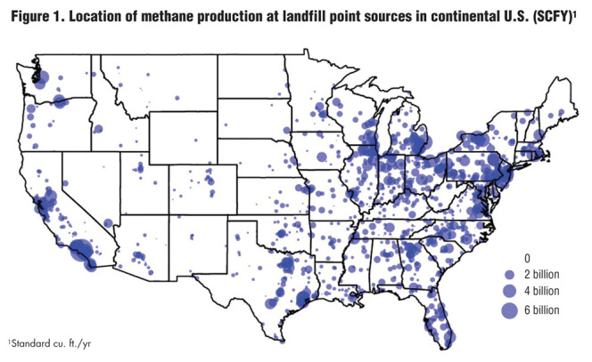 Figure 1. Location of methane production at landfill point sources in continental U.S. (SCFY)