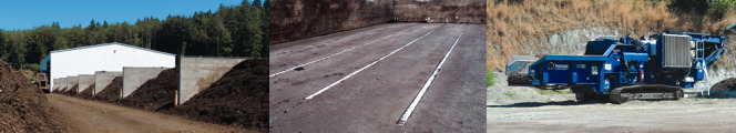 The first stage of composting is done in bunkers (left) with ECS low-friction aeration floors (middle). Once a bunker is filled, the system begins automated operation with reversing aeration mode (positive and negative). Each pile is capped with screened overs that have been run through the site’s Peterson grinder (right). After a pile has met PFRP, it is moved to an adjacent mass bed.