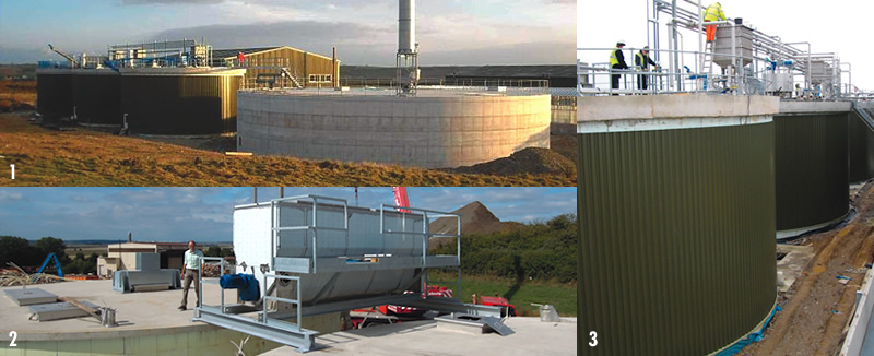 (1) Langage Farm’s 3-tank digester systems (left). Digestate holding tank with flare (in foreground) and digestate solar drying greenhouse (in rear). (2) Grit separation unit mounted on digester roof. (3) Digester tanks with Yield/FITEC self-cleaning tank system on top that perform grit removal with floor scraper, gravity separation and skimmer to remove floating contaminants.
