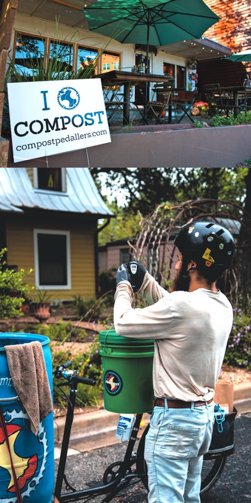 Yard sign outside the Blue Dahlia Bistro indicates the restaurant is a composting subscriber (top). A Compost Pedallers’ staff member weighs a collection bin before emptying to calculate “Your Impact” and Loop points (bottom). 