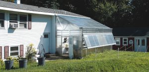 GMC’s bioassay greenhouse, attached to the rear of its office building (left) has a concrete floor, automatically operated louvers and internal heat sensors that control louver openings.