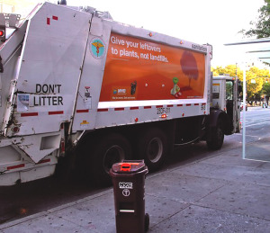 DSNY trucks used to collect organics are wrapped with educational outreach messaging to promote the pilot program. This truck wrap reads, “Give your leftovers to plants, not landfills.”