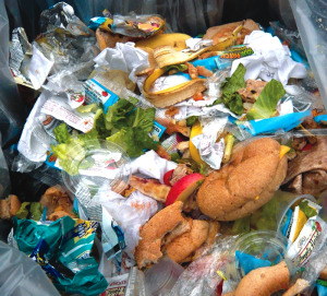 An organics load from the DOE schools participating in the NYC pilot program shows high levels of contamination. Foam trays, plastic cutlery and plastic wrappers are the top contaminants in the loads. 