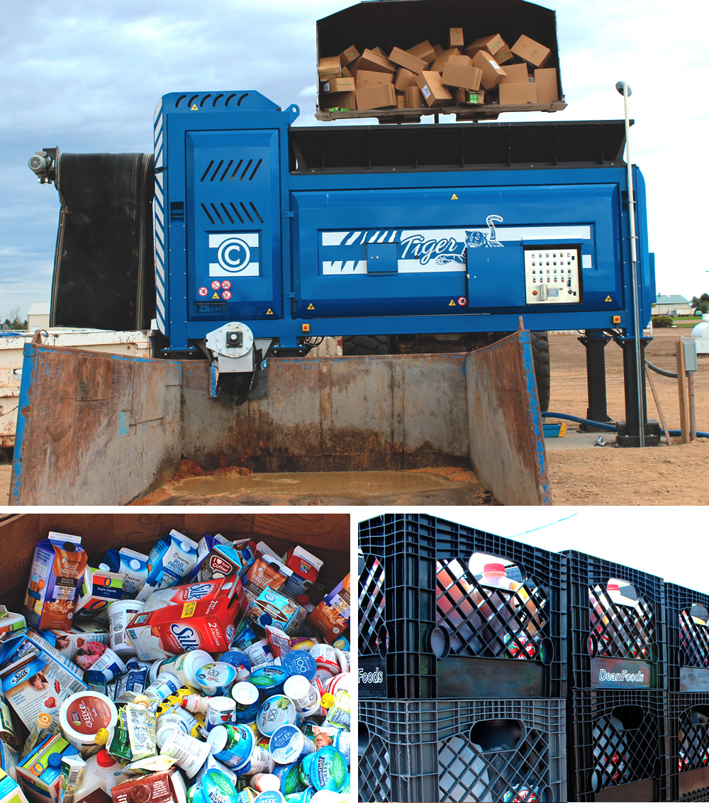 A1 Organics purchased the Ecoverse Tiger HS640 Food Depackager, which has an 8 cubic yard stainless steel hopper that can be fed with a loader (above). Material is pulled into the vertical mill by augers in the bottom of the hopper; bolt-on paddles, spinning at 1,000 RPMs, remove organics from their packaging. Examples of feedstocks processed include cardboard-packaged dried dog food (in loader bucket above), expired dairy products (bottom left) and gallon jugs of iced tea (bottom right).