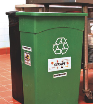 The 16-gallon Wall Hugger open-top Slim-Jim containers available through SCRAPS are only used in commercial kitchens. The telephone number and website for the City of Aspen DEHS and PCSWC are stickered to the container to facilitate answering participants’ questions.