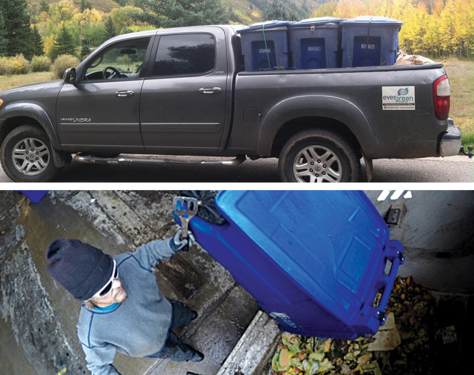 EverGreen Events began its collection service hauling containers in the back of a pickup truck (top), and has since grown rapidly, now utilizing a rear-loading compactor truck (above), referred to by the company as the “mountain compost vehicle”. 