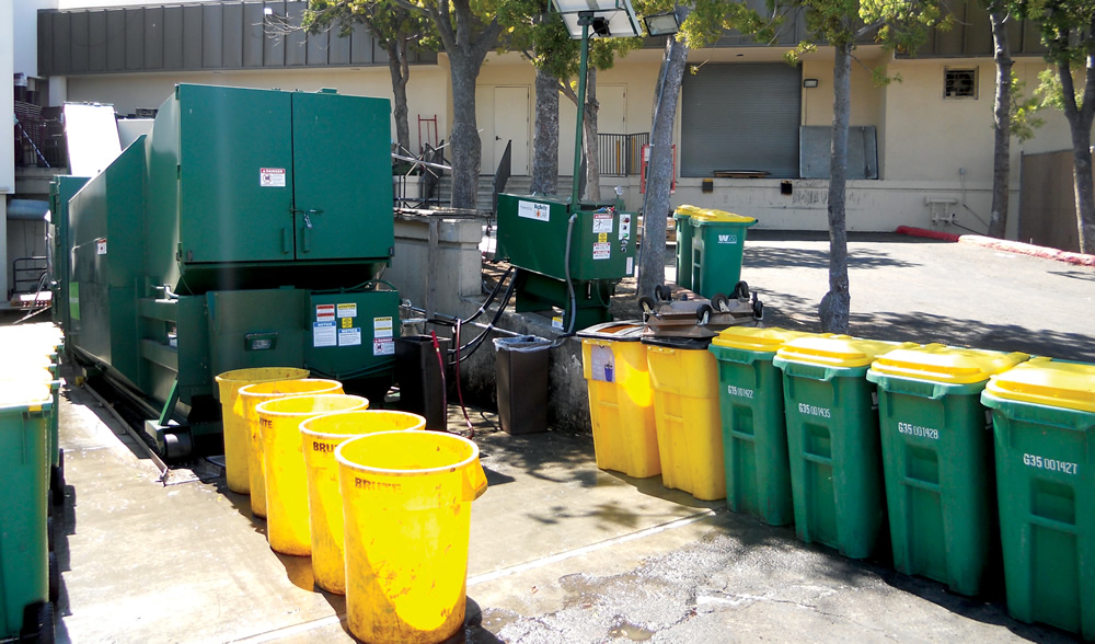 All containers and carts are brought to a central food waste collection area where they are emptied into a 20-cy solar-powered compactor, which utilizes about 50 percent less energy than a standard compactor.