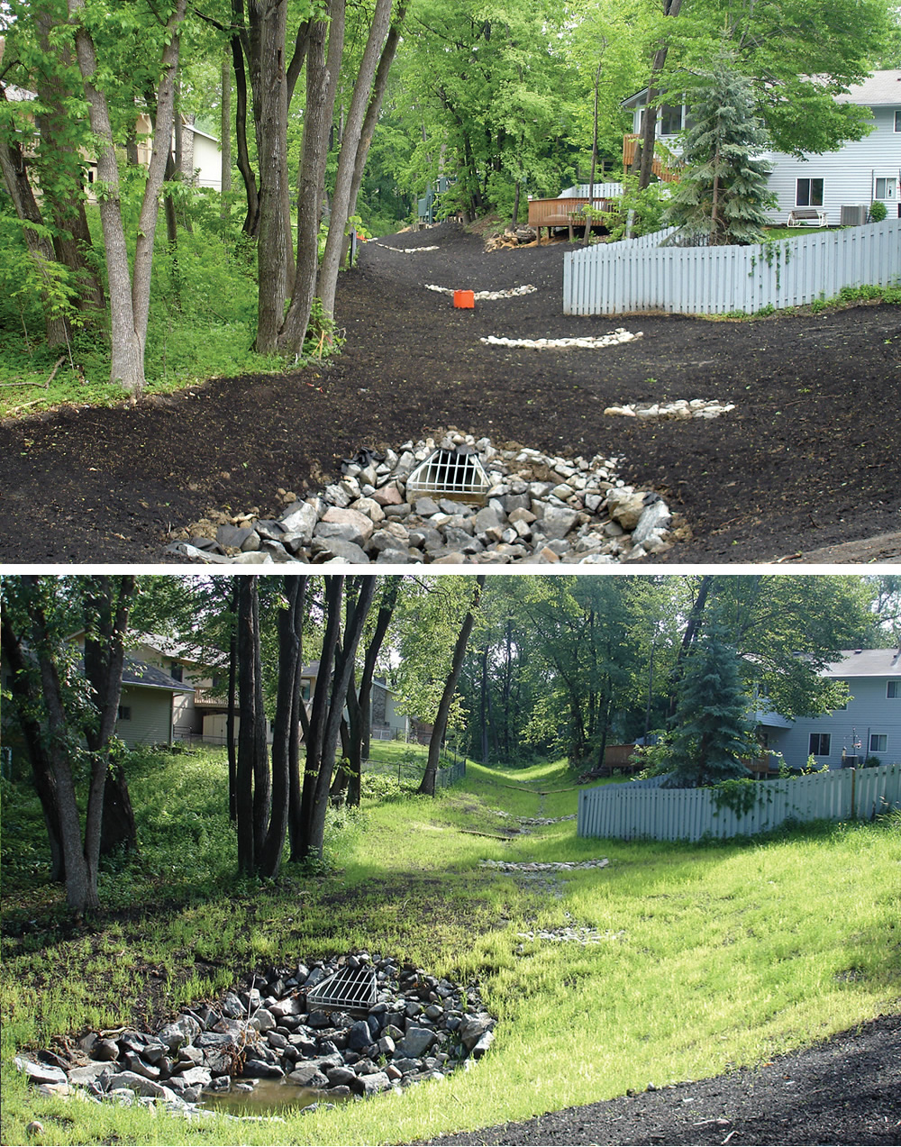 In May 2008, contractors installed a small run of sewer pipe in the upper portion of Wood Creek as well as rocks for bank protection, and covered the project area (top) with a two to four inch compost blanket to control erosion and sedimentation, as well as serve as a growing medium (vegetation shown bottom).