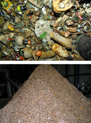 Household batteries, meat bones, broken glass and other heavy contaminants sink to the bottom; they are rinsed and removed (close-up contaminants, top and pile of grit shown, bottom).