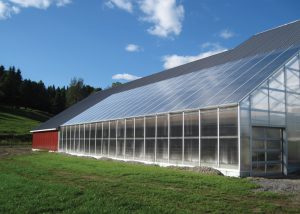 Jasper Hill Farm’s compost heat recovery system pulls 140° to 160°F compost vapor exhaust into a heat exchanger that transfers the heat into a water tank. Hot water is circulated to heat anaerobic digestion tanks. Exhaust from the heat exchanger is directed to a biofilter in the greenhouse that is built under the seedbeds.