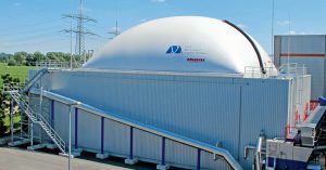 All of the biogas generated is first collected in a gas storage unit located on the load-bearing roof of the digesters. 