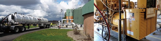 Haulers connect to the FOG receiving station, comprised of two tanks, a FOG grinder, unload/tank mixing pump and a feed pump. Tipping fee is $.08/gallon. The plant has two 400 kW CAT engines (right).