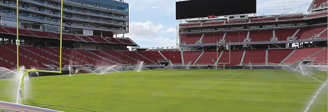 The $1.3 billion LEED Gold Levi Stadium in Santa Clara, home of the San Francisco 49ers, uses reclaimed water to irrigate the playing field and a green roof on one of the suite towers, as well as for all toilet and urinal flushing.
