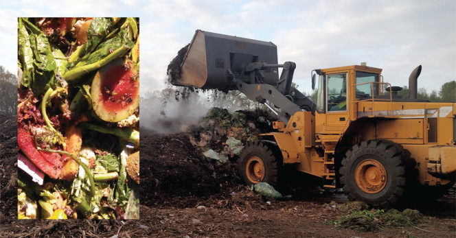 Food scraps, some arriving in compostable bags (top photo), are unloaded onto a bed of mulch, then mixed in with a front-end loader. 